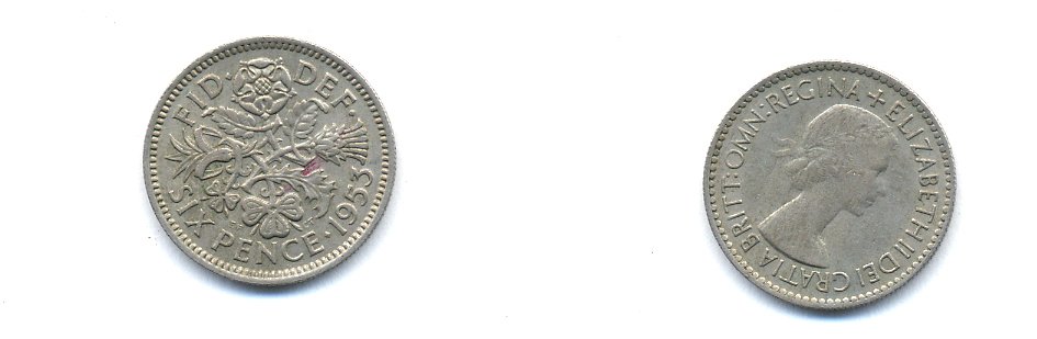 Великобритания 6 пенсов 1953 Елизавета II (1952-2022) KM 889, Spink 4141 медно-никель 4379-712