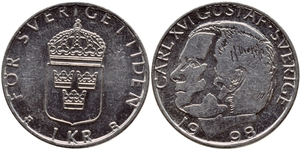 Швеция 1 крона 1998 Карл XVI Густав (1973- ) KM 852a медно-никель 4622-346