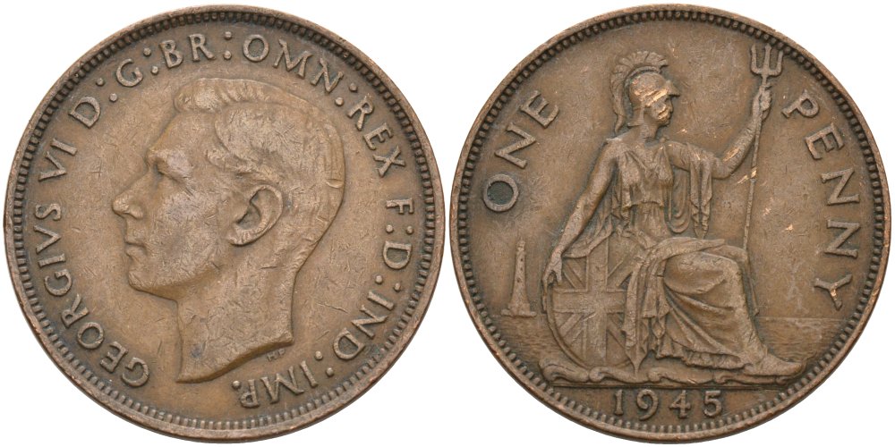 Великобритания 1 пенни 1945 Георг VI (1936-1952) KM 845, Spink 4114 бронза 4574-134