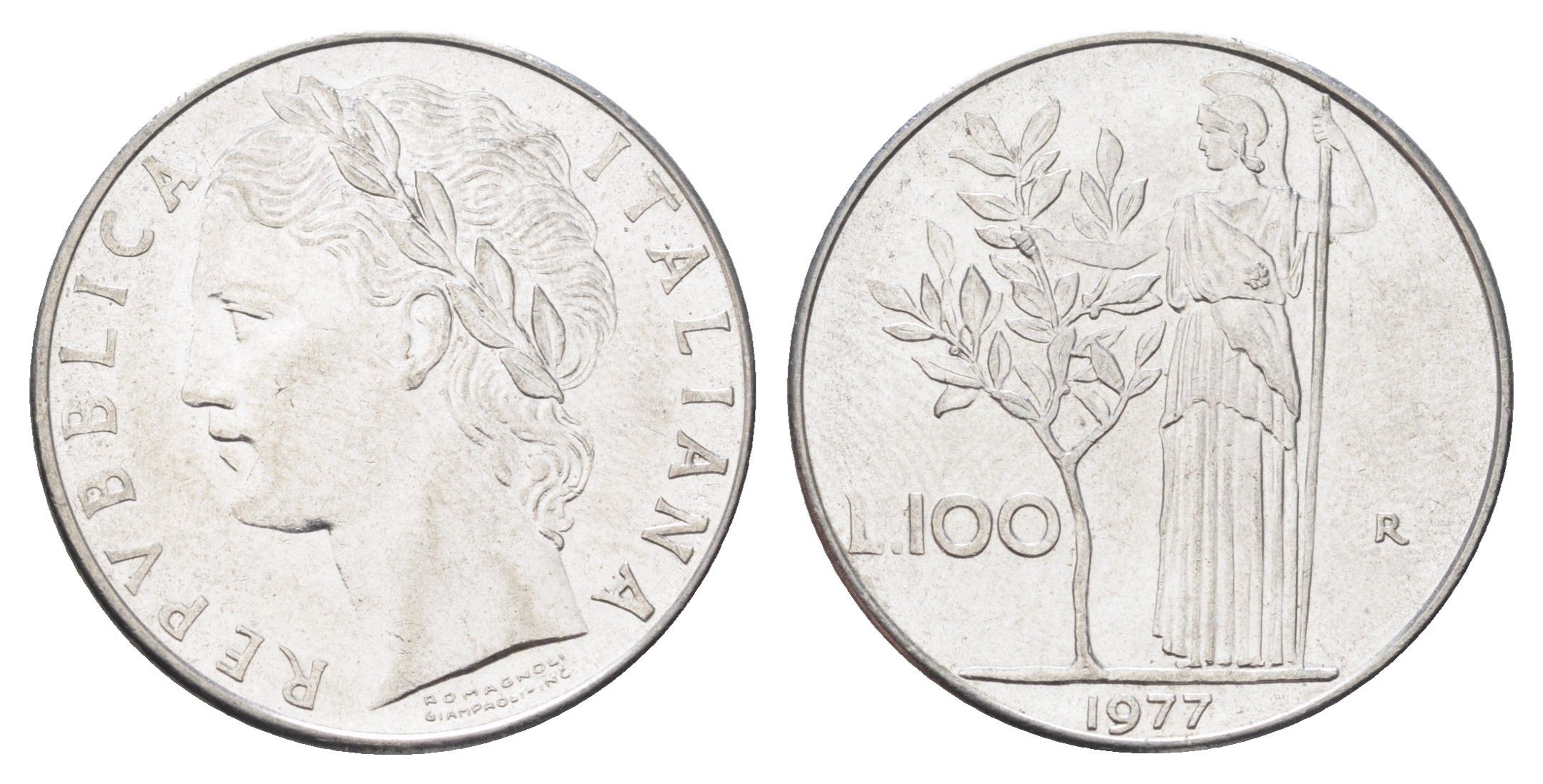 Италия 100 лир 1977 R, Афина в доспехах KM 96.1 нержавеющая сталь 4704-744