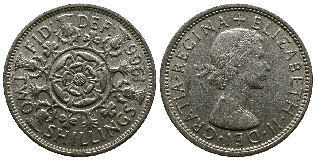 Великобритания 2 шиллинга (флорин) 1966 Елизавета II (1952-2022) KM 906, Spink 4146 медно-никель 4382-626