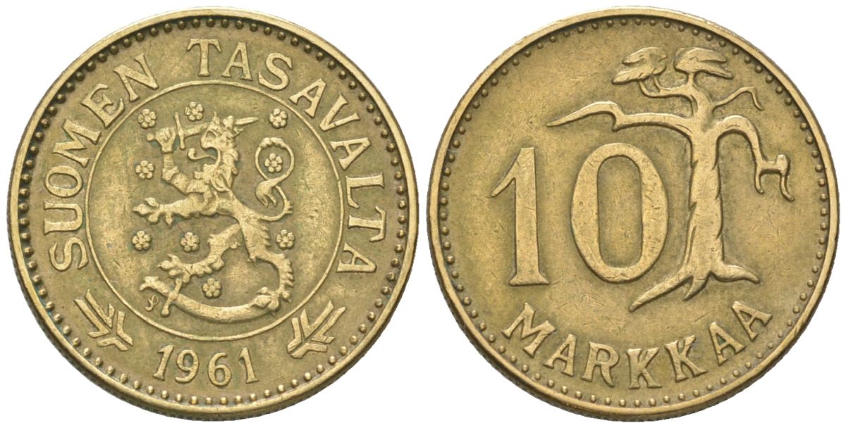 Финляндия 10 марок 1961 S KM 38 алюминиевая бронза 4169-731