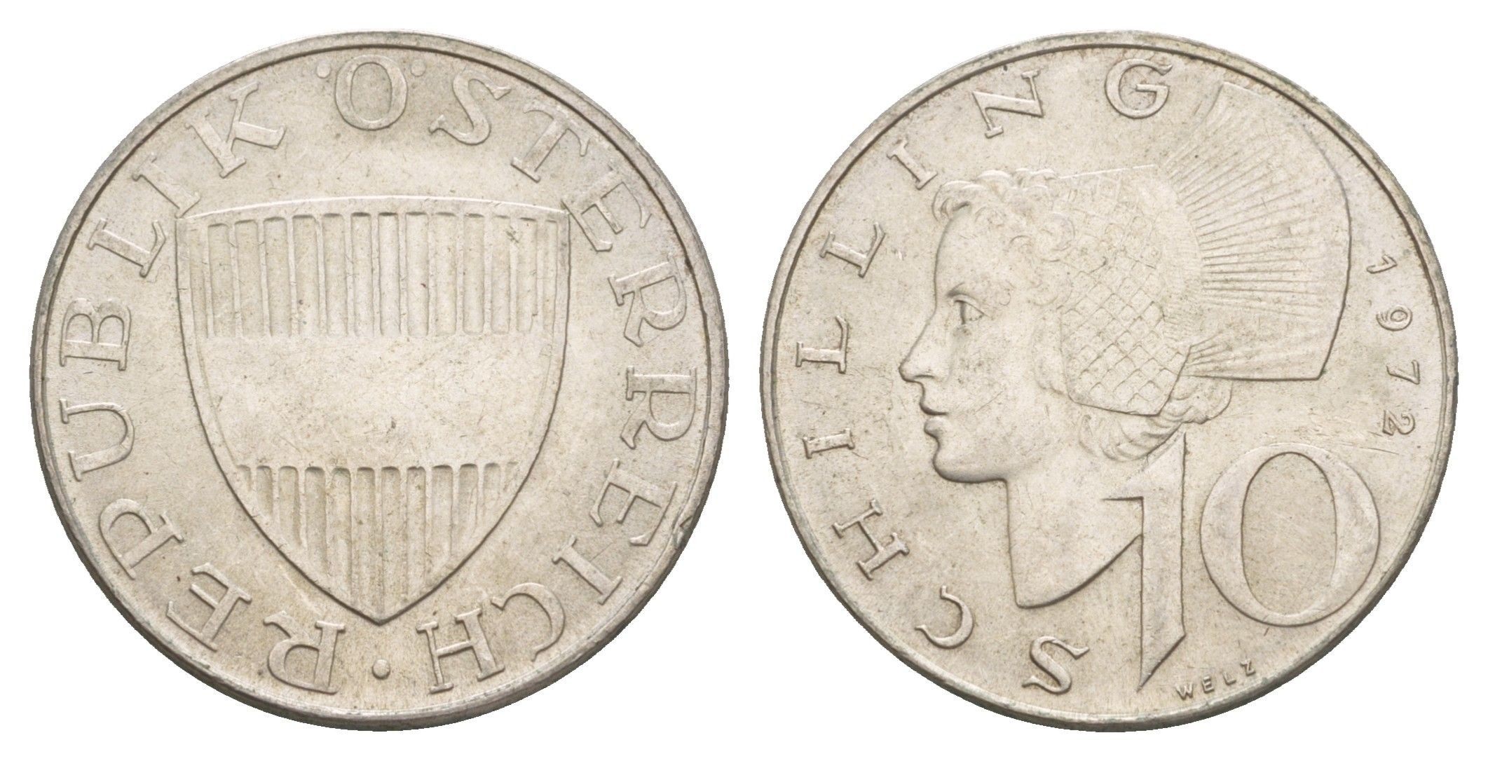 Австрия 10 шиллингов 1972 KM 2882 серебро aUNC 4657-652