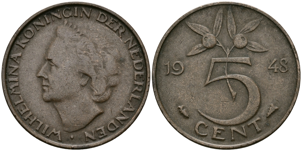 НИДЕРЛАНДЫ 5 ЦЕНТОВ 1948 ВИЛЬГЕЛЬМИНА KM 176 бронза 95-235