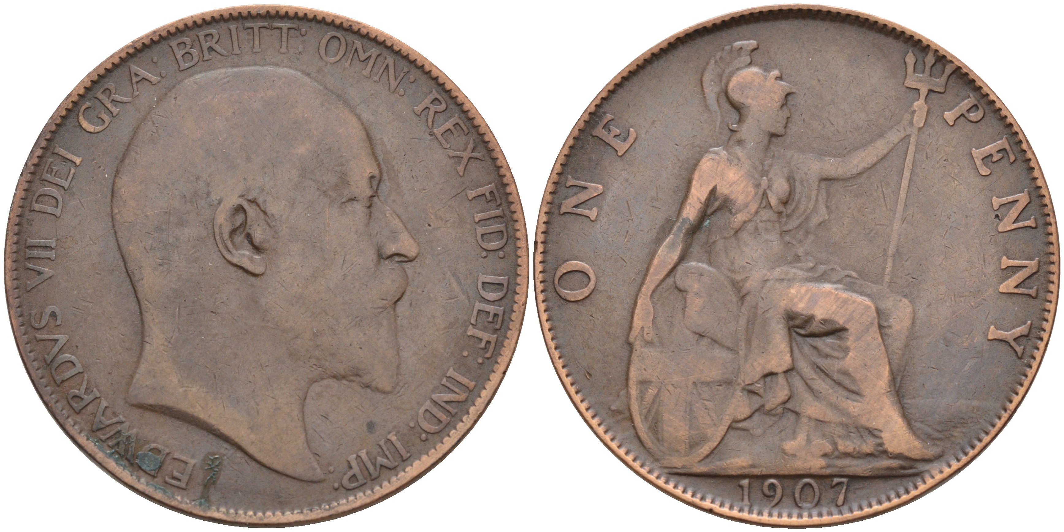 Великобритания 1 пенни 1907 Эдуард VII (1901-1910) KM 794.2, Spink 3990 бронза 4367-112