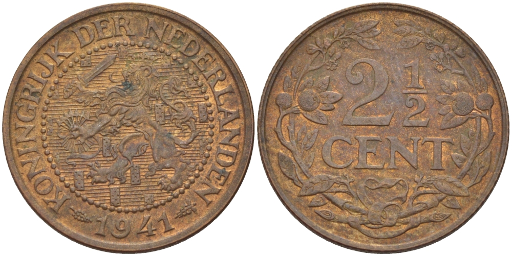 НИДЕРЛАНДЫ 2 1/2 ЦЕНТА 1941 ВИЛЬГЕЛЬМИНА KM 150 бронза 31-957