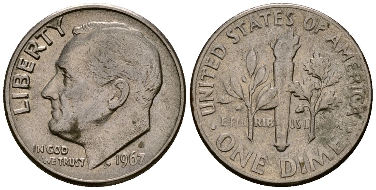 США 10 центов (дайм) 1967 Рузвельт KM 195a медь плакированная медно-никелем 4164-929