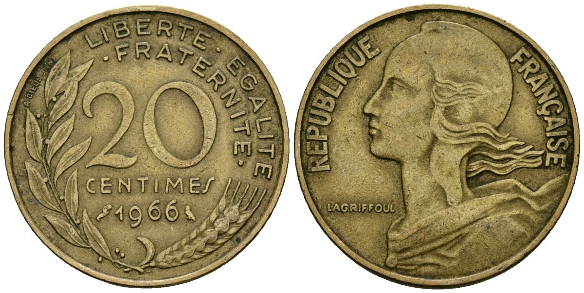 Франция 20 сантимов 1966 тип Marianne KM 930 медь алюминий никель 4135-555