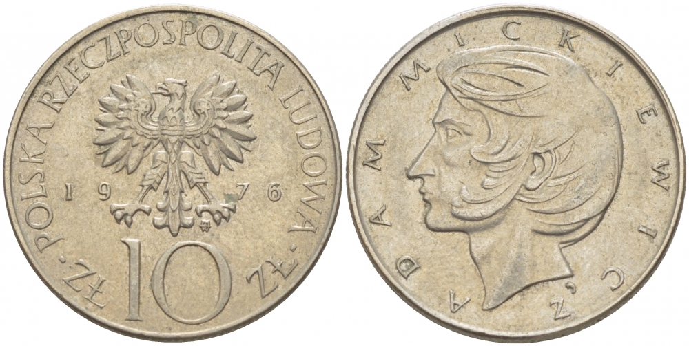 ПОЛЬША 10 ЗЛОТЫХ 1976 MW, АДАМ МИЦКЕВИЧ KM 74 медно-никель 4519-1044