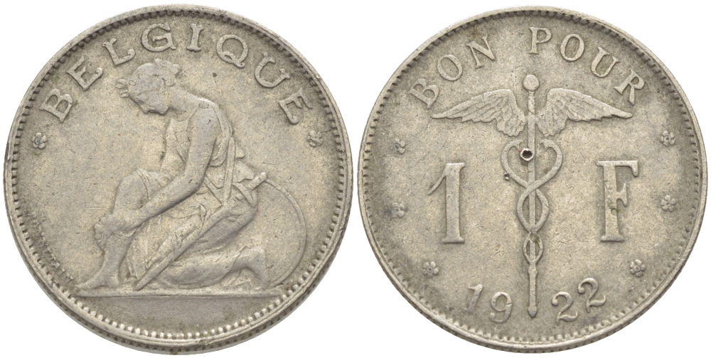Бельгия 1 франк 1922 Belgique, Альберт I (1910-1934) KM 89 никель 259-935