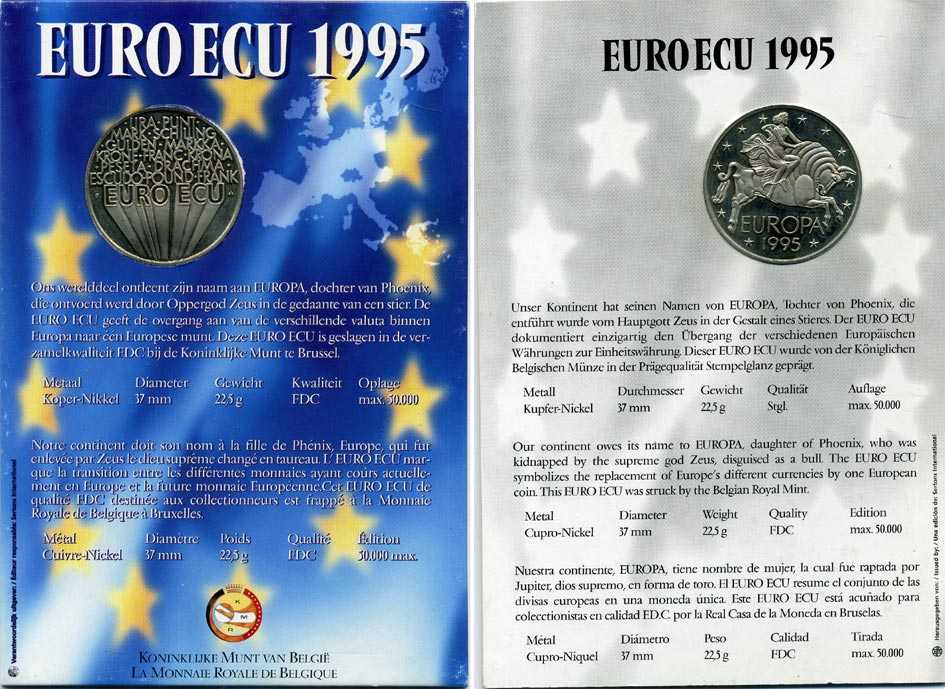 Бельгия 1 евро экю 1995 похищение Европы, в оригинальном буклете  медно-никель  UNC  1-6-2-19