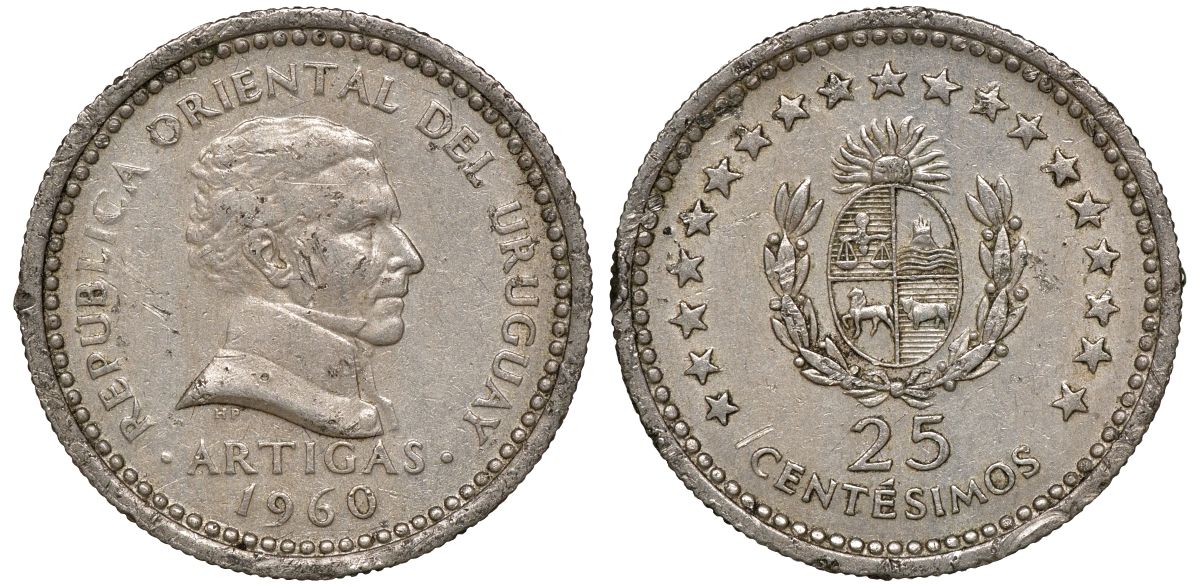 Уругвай 25 сентесимо 1960 KM 40 медно-никель 4169-848
