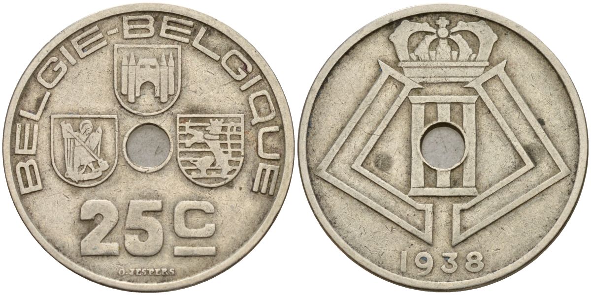 Бельгия 25 сантимов 1938 Belgique - Belgie KM 114 никель латунь 4150-757