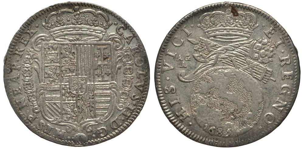 Неаполь и Сицилия тари (2 карлини) 1685 Карл II Испанский серебро aUNC 00-822-08
