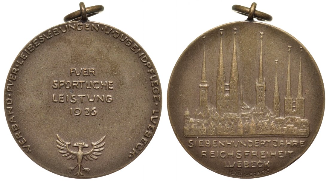 Любек медаль 1926 700 летие города, 33 мм, 15,17 гр  бронза  UNC  73-933