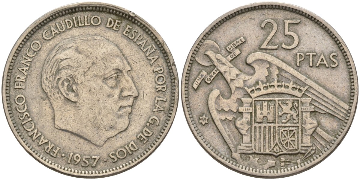 Испания 25 песет 1957 (58) Франсиско Франко (1939 - 1975) KM 787 медно-никель 4149-1021
