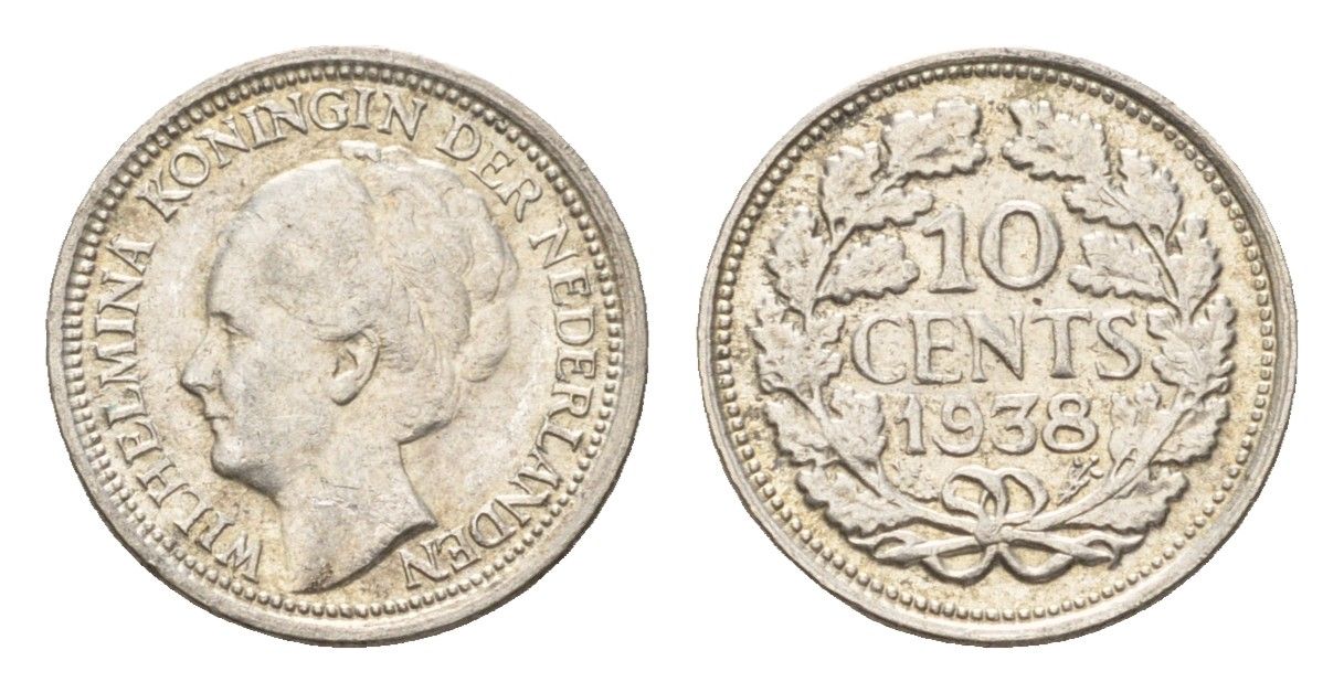 Нидерланды 10 центов 1938 Вильгельмина I (1890-1948) KM 163 серебро 4674-1049