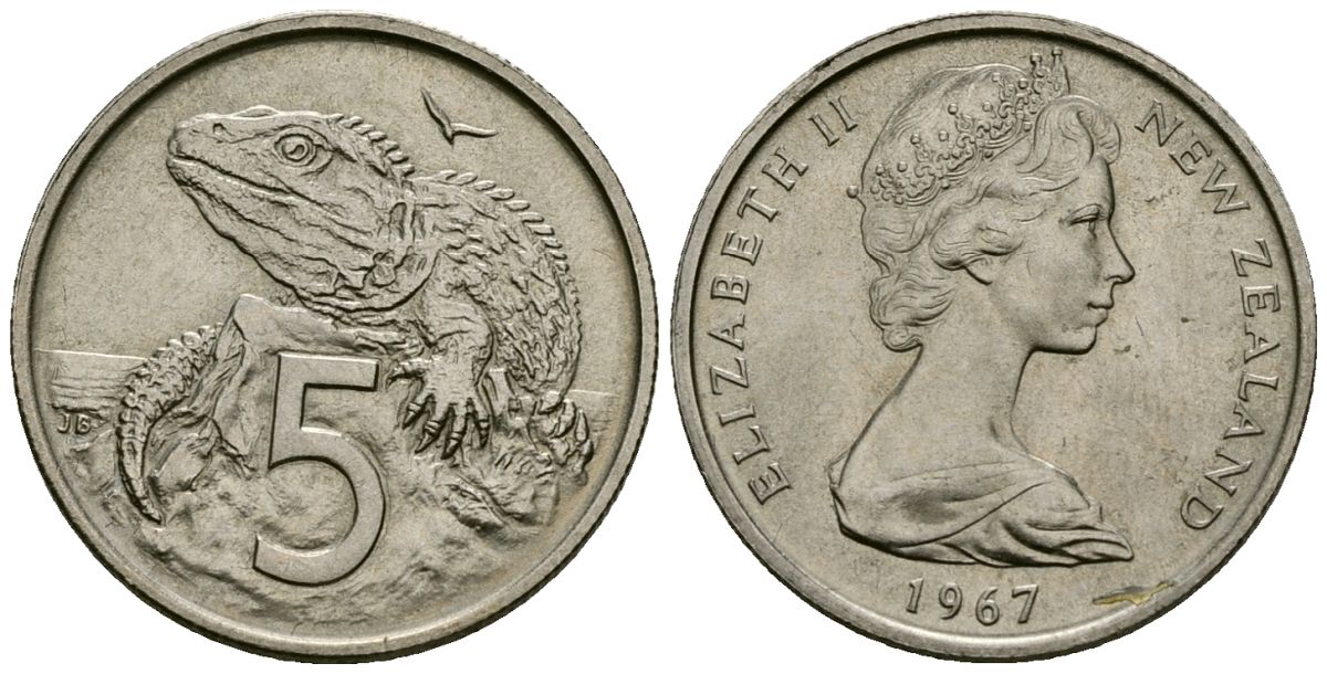 Новая Зеландия 5 центов 1967 Елизавета II (1952-2022), ящерица гаттерия KM 34 медно-никель 4166-515