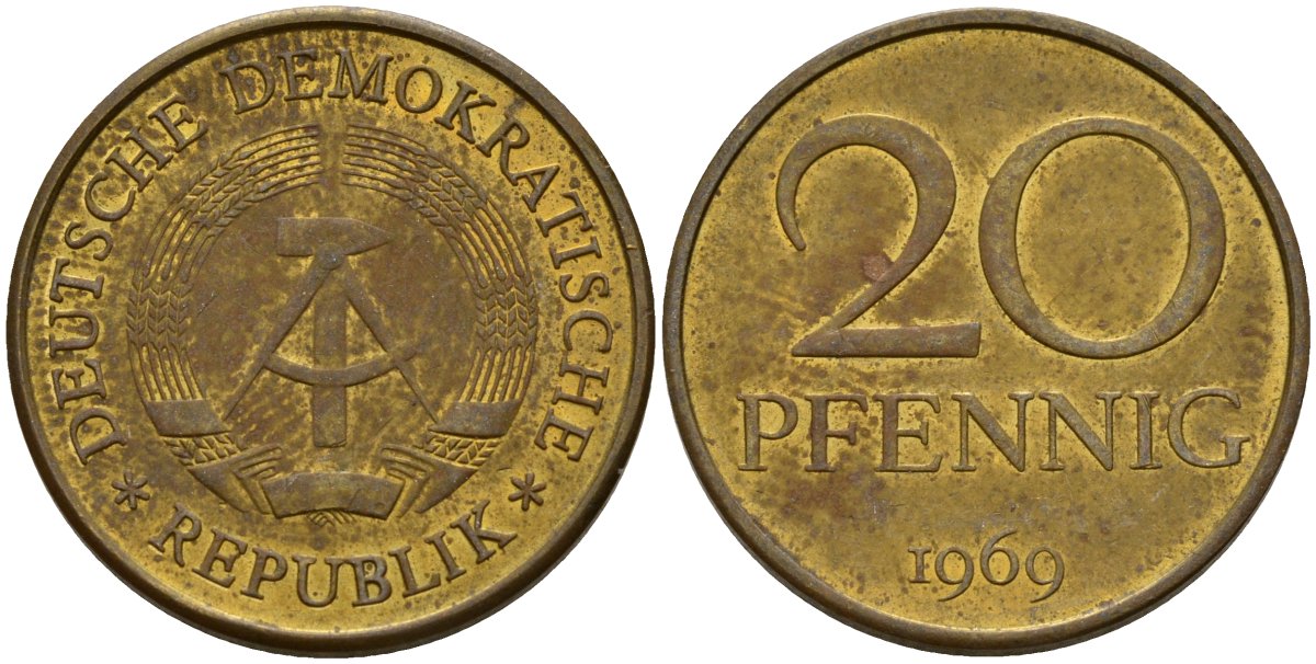 ГДР 20 пфеннигов 1969 A, первый год KM 11 латунь 98-124