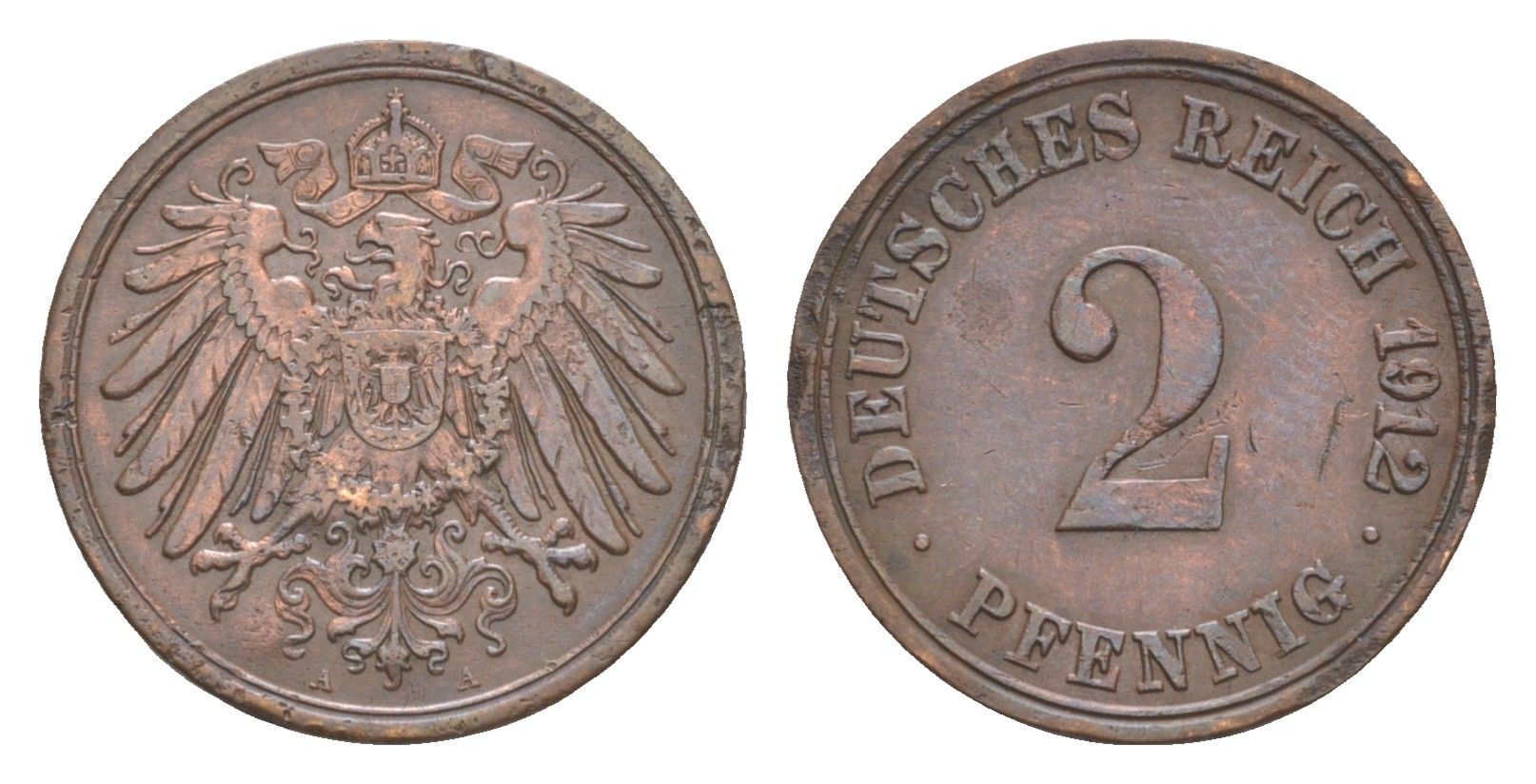 Германия 2 пфеннига 1912 A, Вильгельм II (1888-1918) KM 16, J. 11 медь 4647-853