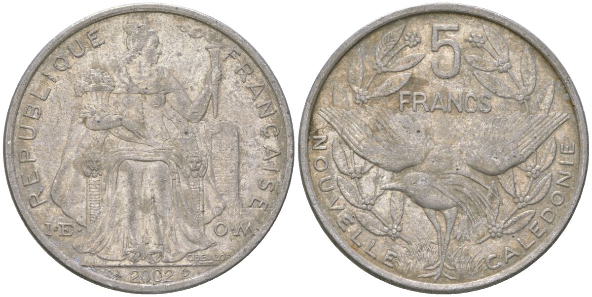 Французская Новая Каледония 5 франков 2002 птица кагу, (IEOM) KM 16, Schoen 12, Lec 81g алюминий 189-621