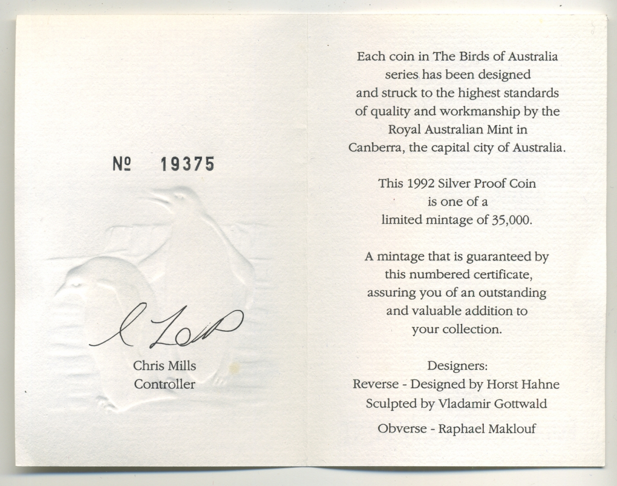 Австралия 10 долларов 1992 императорский пингвин, в оригинальной коробке, с сертификатом KM 192 серебро PROOF 14-01-04-11
