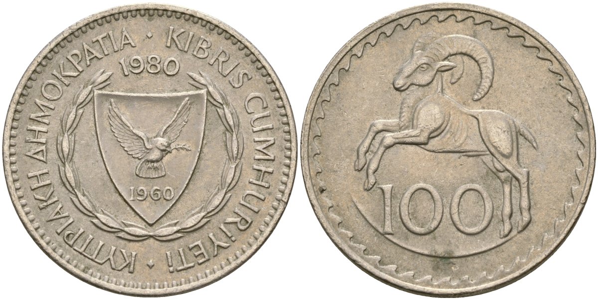 Кипр 100 милсов 1980 европейский муфлон KM 42 медно-никель 4168-641