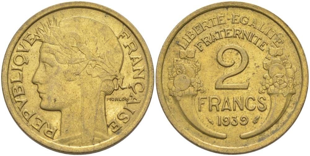 ФРАНЦИЯ 2 ФРАНКА 1939 ТИП MORLON KM 886, LE FRANC 268.12 алюминиевая бронза 3855-144