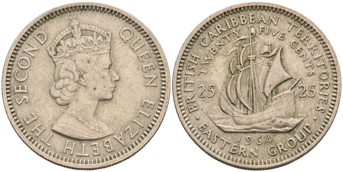 Британские Восточно-Карибские территории 25 центов 1964 Елизавета II (1952-2022), парусник KM 6 медно-никель 4591-145