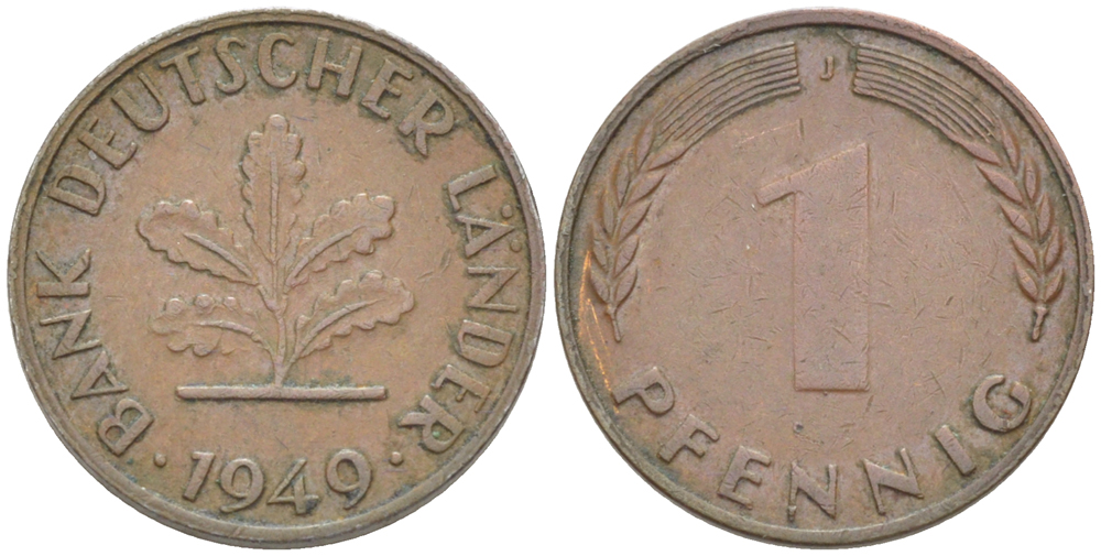 ФРГ 1 ПФЕННИГ 1949 J KM A101, J. 376 сталь плакированная медью 4181-531