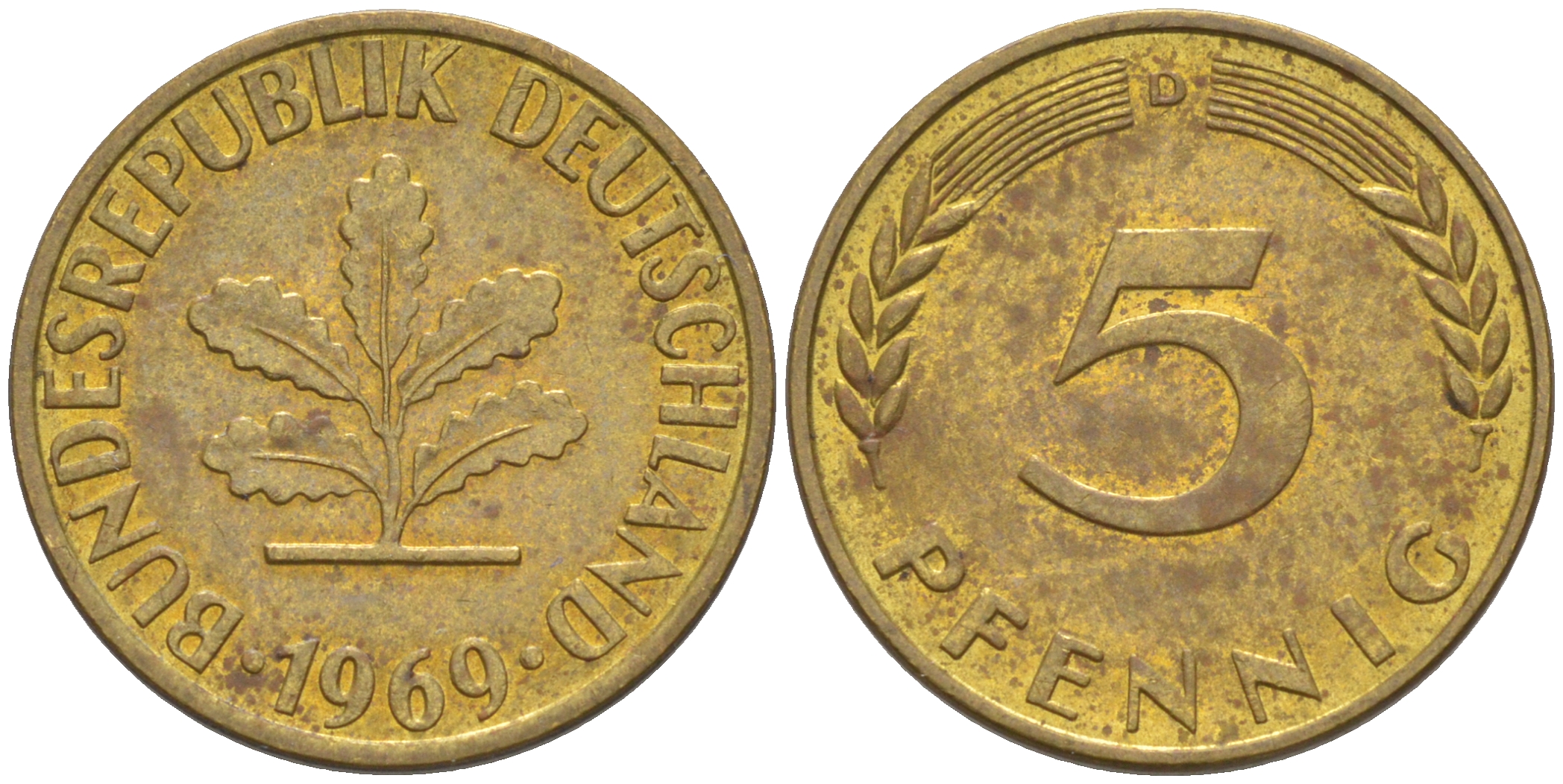 ФРГ 5 пфеннигов 1969 D KM 107, J. 382 сталь плакированная латунью 4514-344