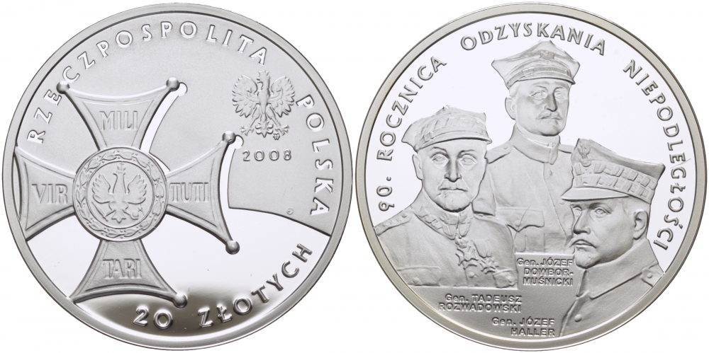 Польша 20 злотых 2008 90 лет восстановления независимости Польши KM 651 серебро PROOF 1077-10-12