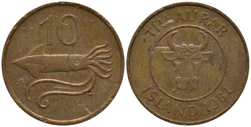 Исландия 10 эйре 1981 кальмар KM 25 бронза 211-854