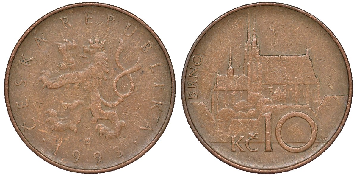 Чехия 10 крон 1993 кафедральный собор, город Брно KM 4 сталь плакированная медью 51-2937