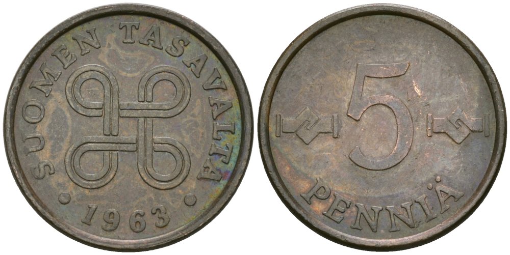 Финляндия 5 пенни 1963 KM 45 медь 4576-1024