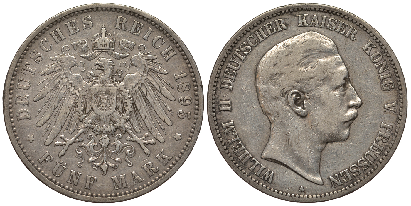 Пруссия 5 марок 1895 Вильгельм II (1888-1918) KM 523, J. 104 серебро 00-1067-10-24