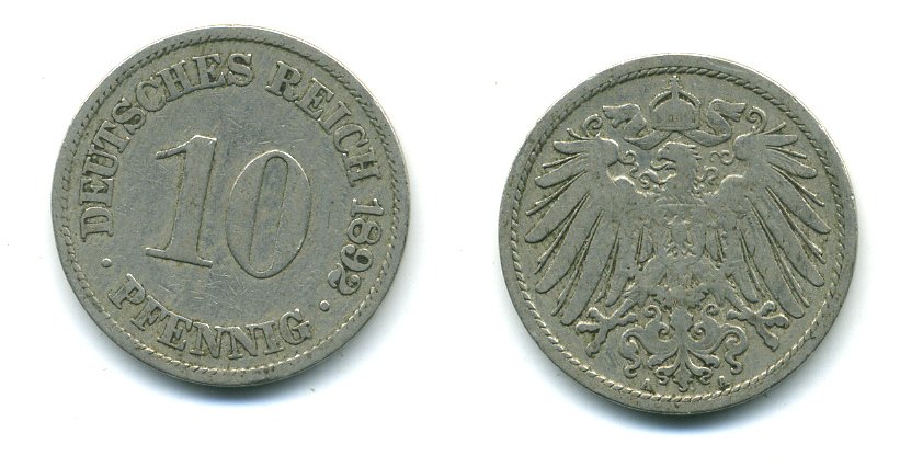 ГЕРМАНИЯ 10 ПФЕННИГОВ 1892 A KM 12, J. 13 медно-никель 54-454