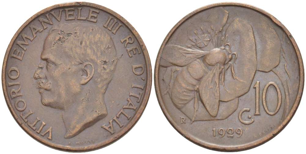 ИТАЛИЯ 10 ЧЕНТЕЗИМО 1929 R, МОНДВОР РИМ, ВИКТОР ЭММАНУИЛ III (1900-1946) KM 60 медь 4525-315