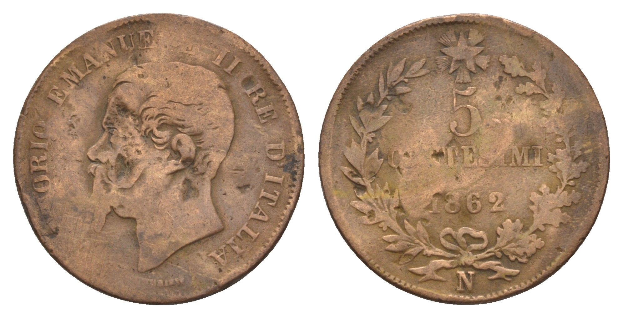Италия 5 чентезимо 1862 N, Виктор Эммануил II (1861-1878) KM 3 медь 4657-846