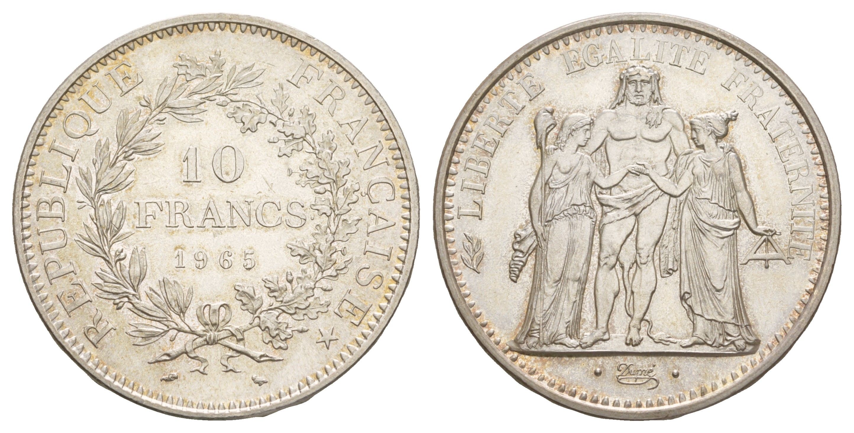 Франция 10 франков 1965 A, Геракл с богинями равенства и братства KM 932, Le Franc 364/3 серебро UNC 443-1643