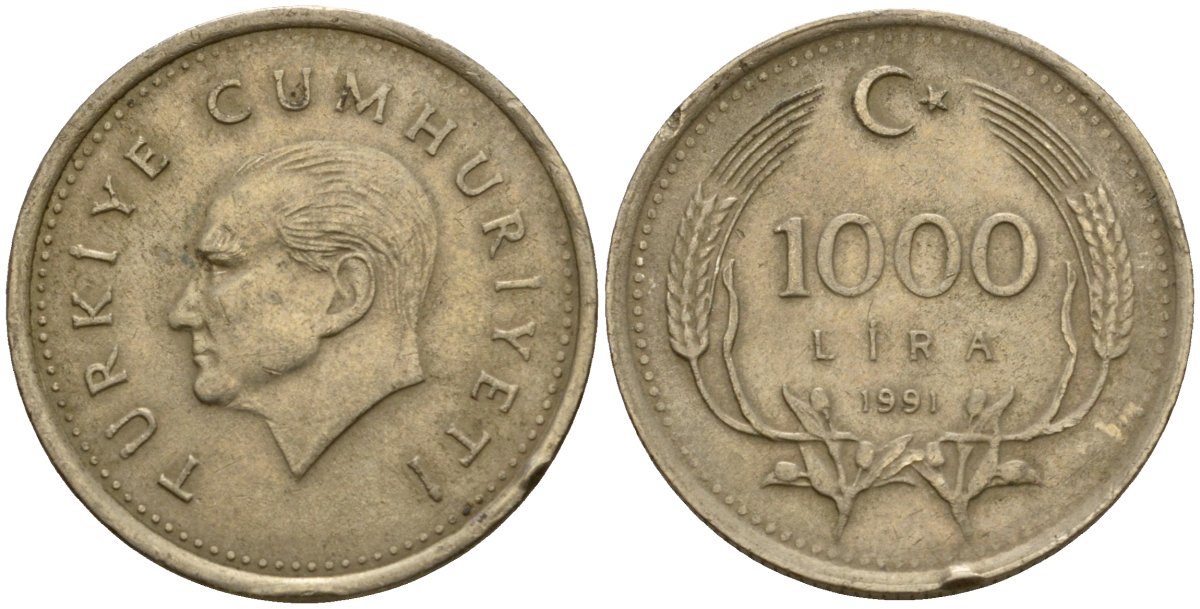 Турция 1000 лир 1991 Кемаль Ататюрк KM 997 медь цинк никель 4601-711