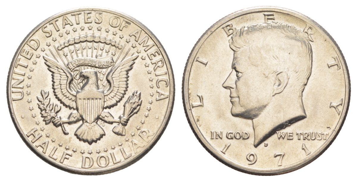 США 1/2 доллара (50 центов) 1971 D, Джон Кеннеди KM 202b медь плакированная медно-никелем aUNC 88-312