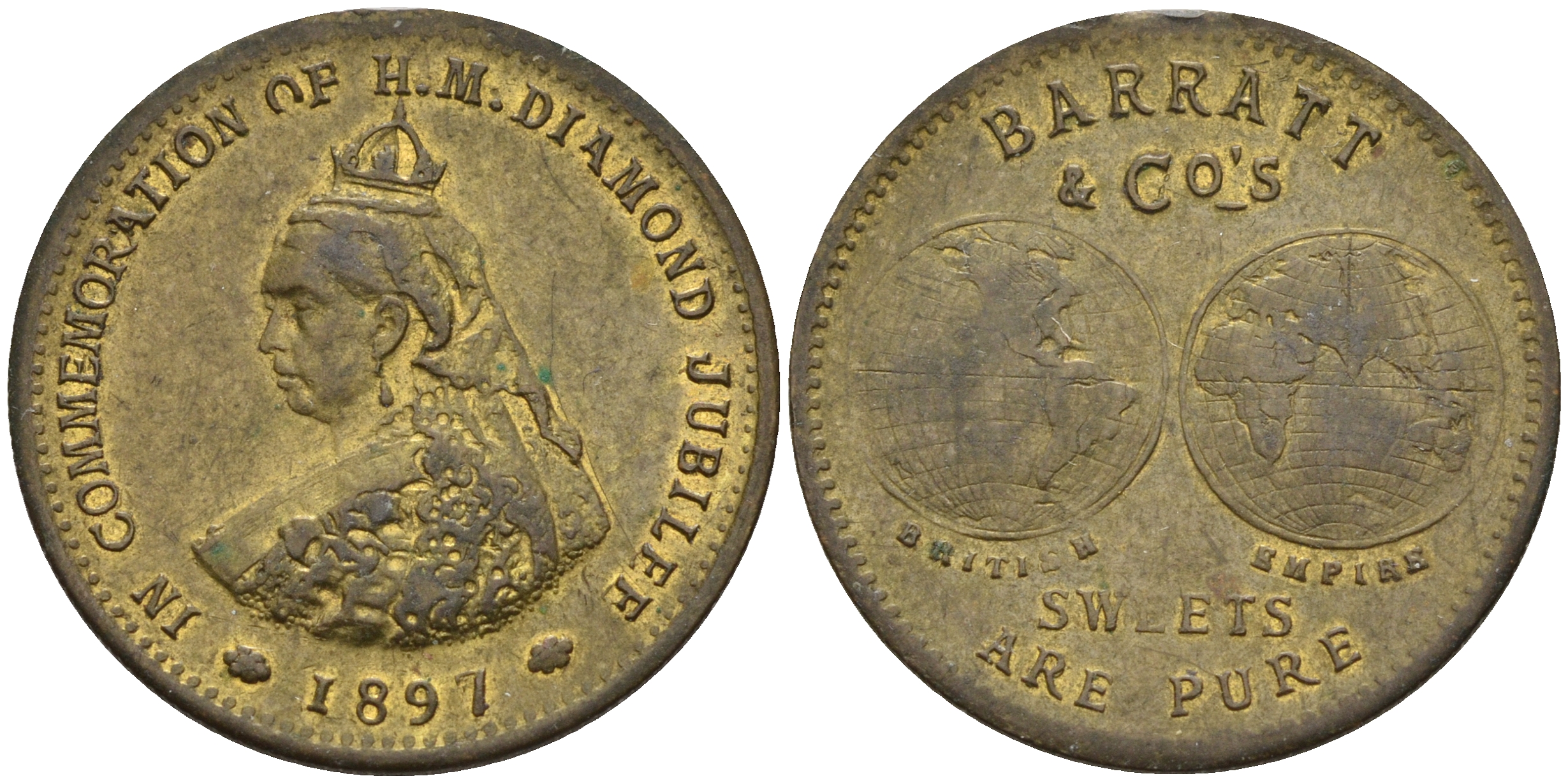 Великобритания медаль шейная 1897 бриллиантовый юбилей королевы Виктории, кондитерская компания BARRATT& CO, сладости чисты  латунь    4603-214