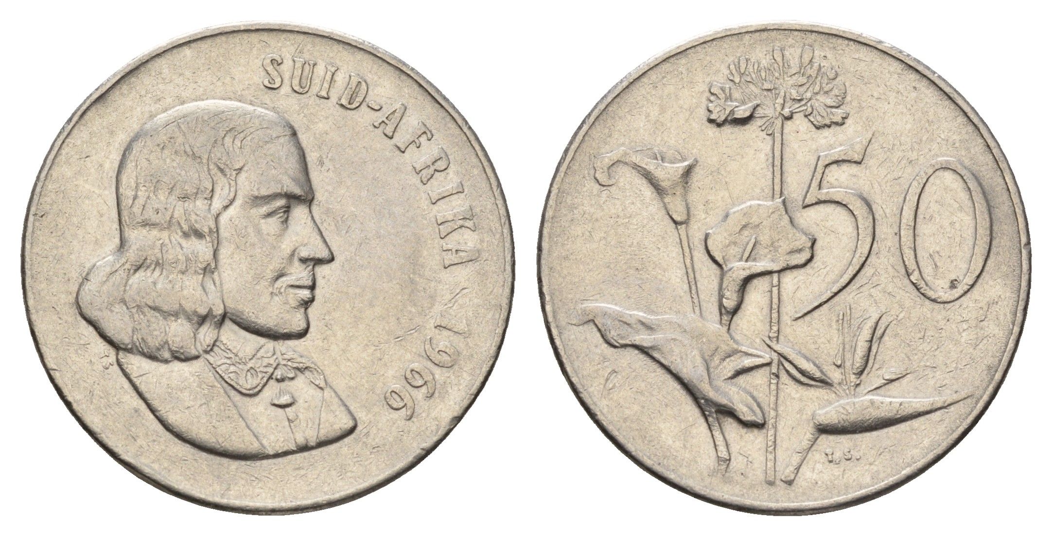 ЮАР 50 центов 1966 Ян ван Рибек (1619-1677), Suid Africa, легенда на африкаанс, Зантедеския Эллиота (калла) KM 70.2 никель 4693-822