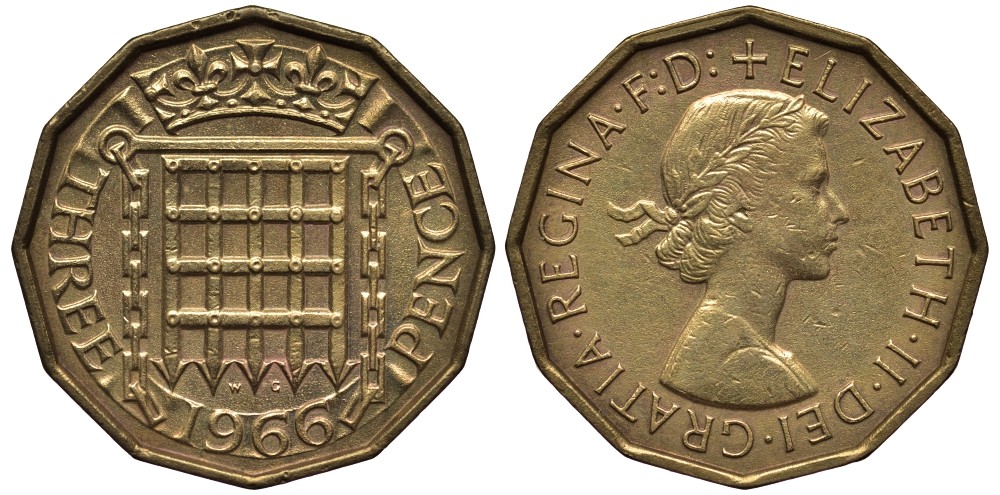 Великобритания 3 пенса 1966 Елизавета II (1952-2022) KM 900, Spink 4153 никель латунь 4538-1133