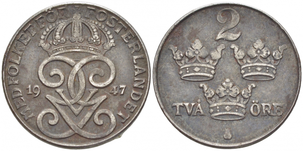 Швеция 2 эре 1947 Густав V (1907-1950) KM 811 железо 4402-321
