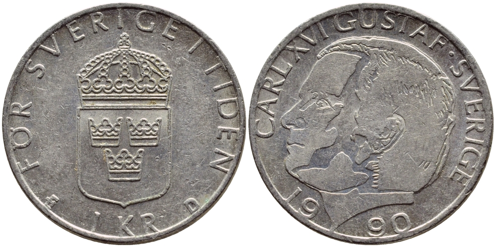 Швеция 1 крона 1990 Карл XVI Густав (1973- ) KM 852a медно-никель 4398-1222