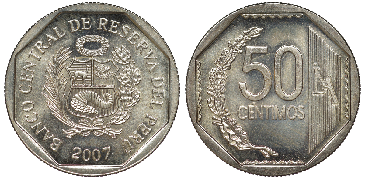 Перу 50 сентимо 2007 KM 307.4 медно-никель aUNC 4605-314