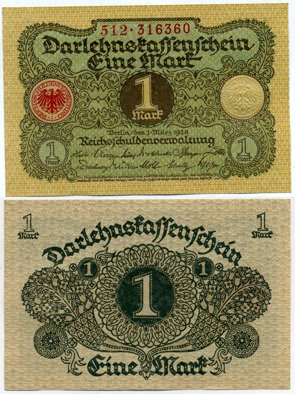 ГЕРМАНИЯ 1 МАРКА 1920 1 МАРТА 1920, ВЕЙМАРСКАЯ РЕСПУБЛИКА Pick 58 бумага аUNC 7547-27-4