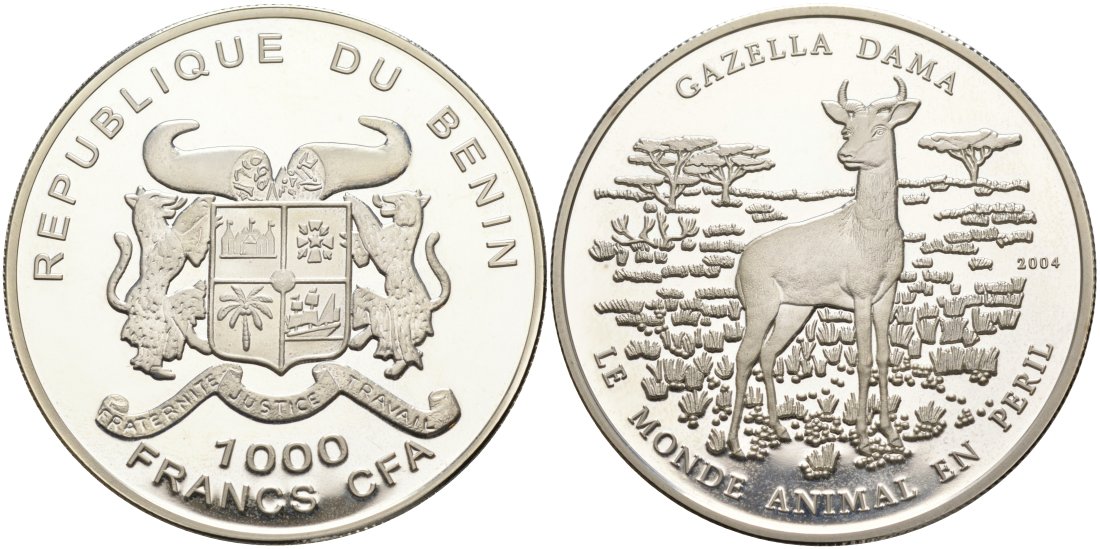 Бенин 1000 франков 2004 газель, тираж 5000 экз. серебро PROOF 00-000-00